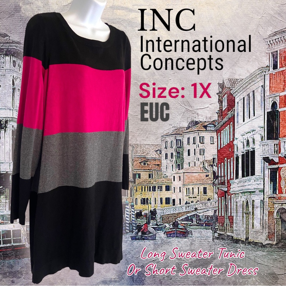 INC Black Pink Grey Color Block Long Tunic Sz 1X